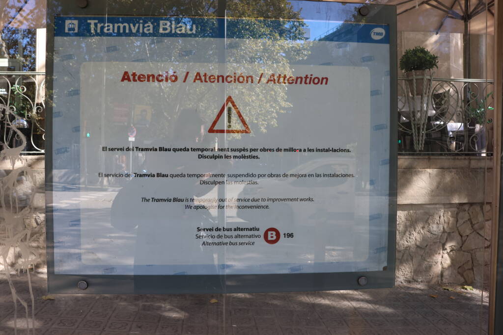 Blue trams are out of service, replaced by a bus.