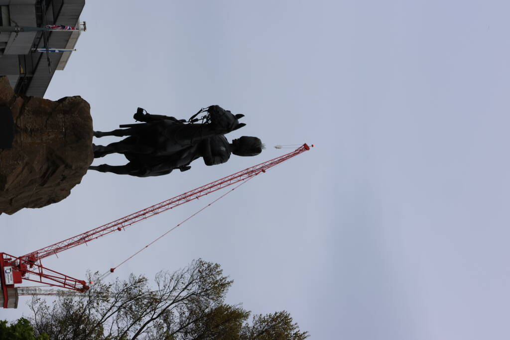 A crane and a statue.