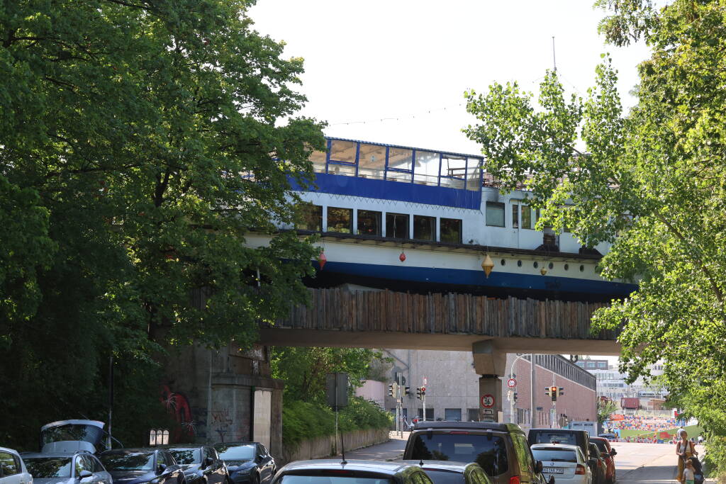 To an adjacent siding, somebody put a river boat and opened a pub there.