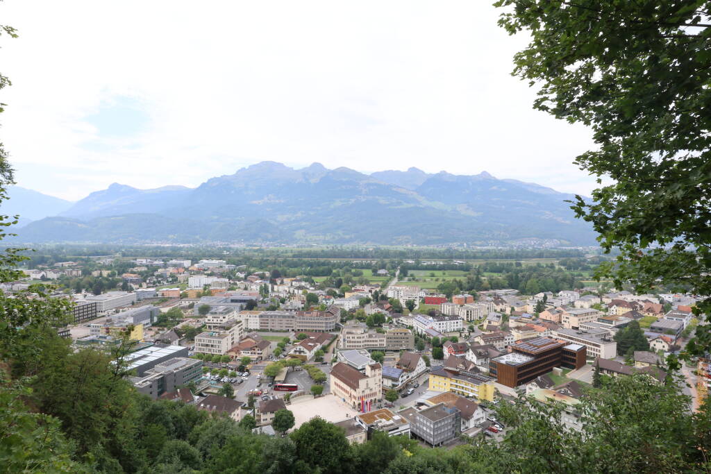 Lookout to Vaduz from the castle, Swiss mountains in background.