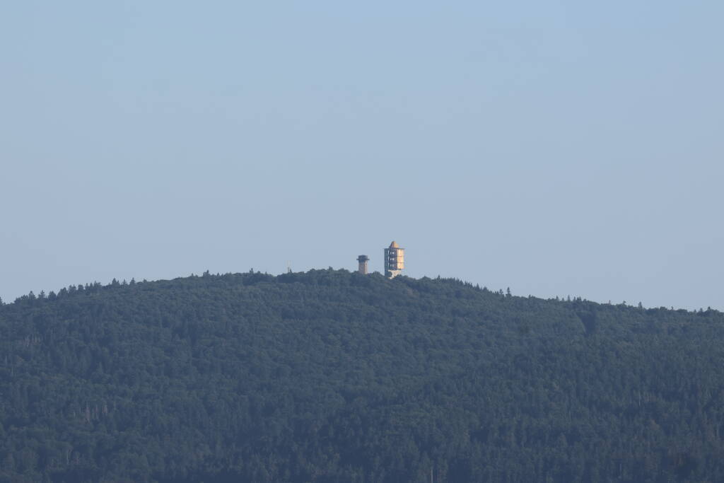 Čerchov. Lookout tower (left) and former military radar tower.